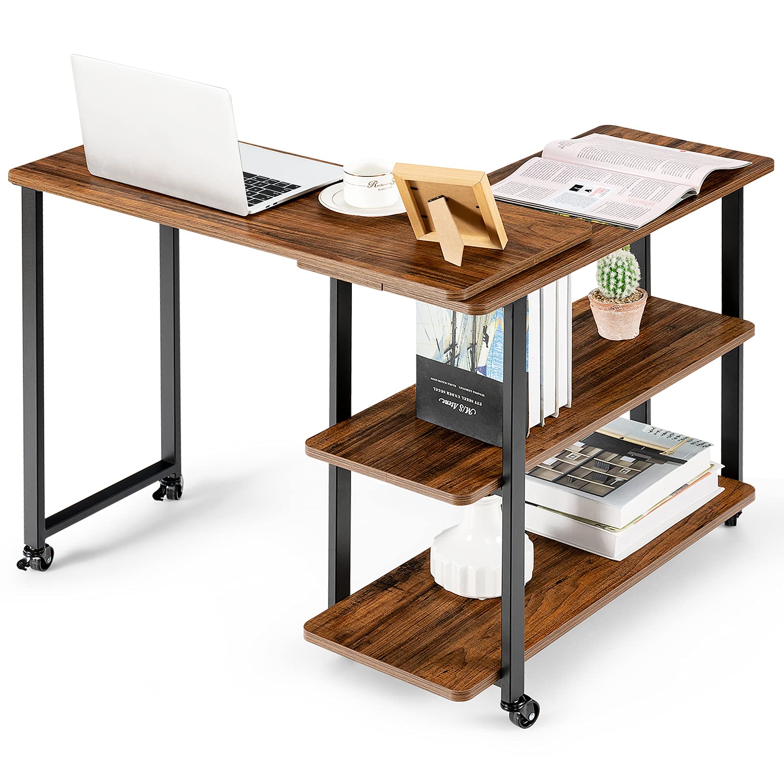 Table d'appoint de canapé rotative à 360 degrés, bureau de canapé mobile avec 2 étagères de rangement